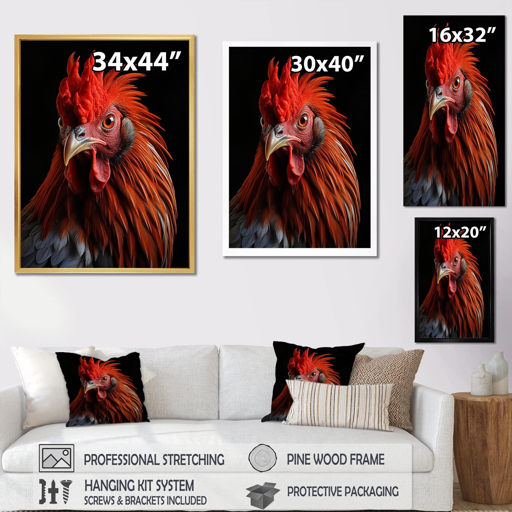 Designart "Brown Rooster Closeup Portrait" Animals Rooster Framed Canvas Prints On Sale Bed